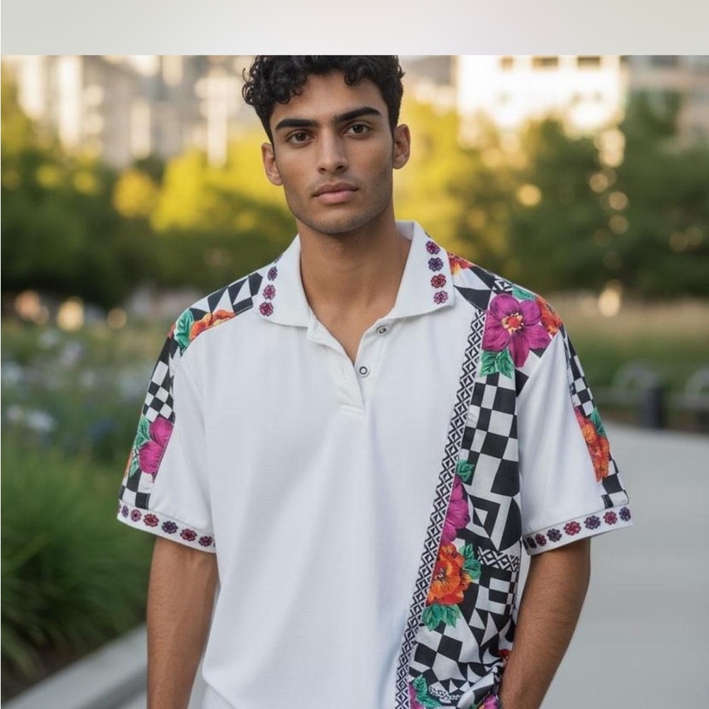 Vintage Vibrant Floral Checkered Polo Shirt - White Lily’s of Beverly Hills